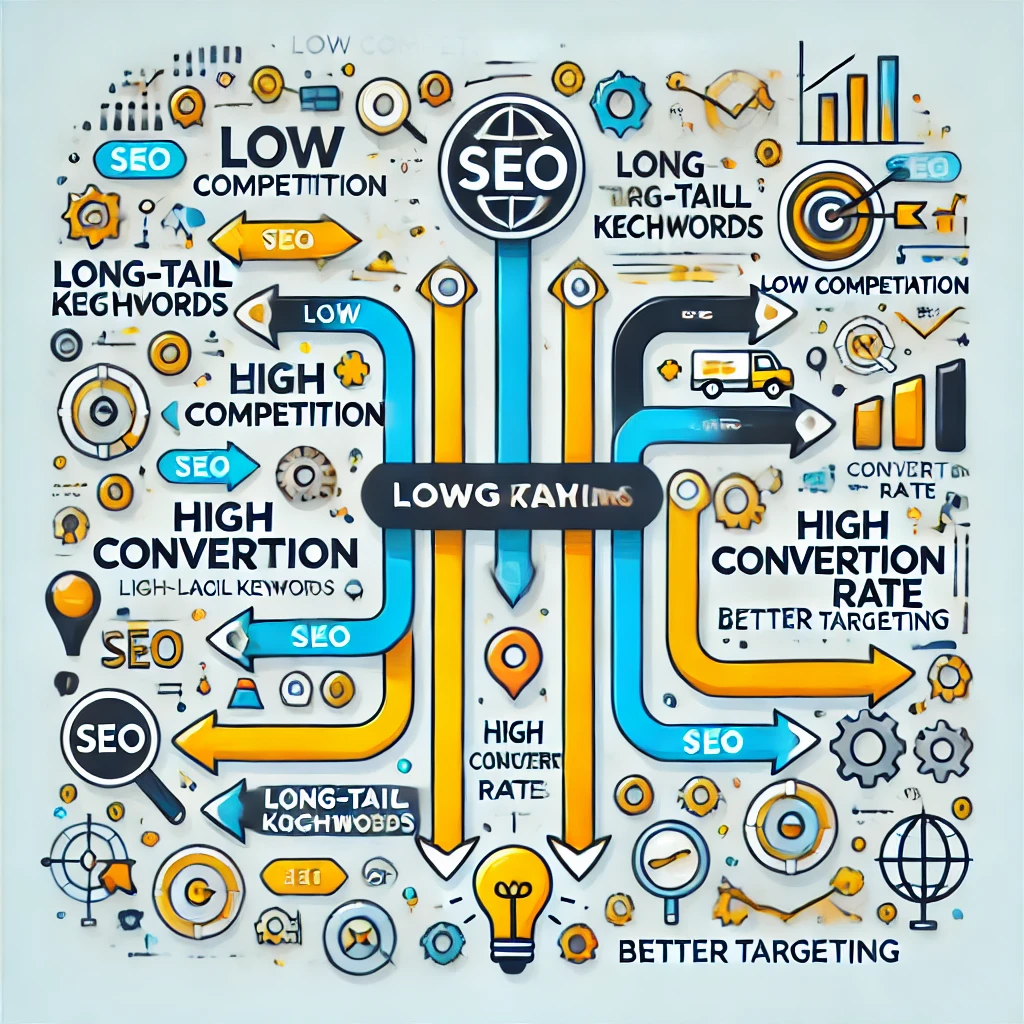 infografica sui benefici delle parole chiave long-tail per migliorare il posizionamento seo e attirare traffico qualificato